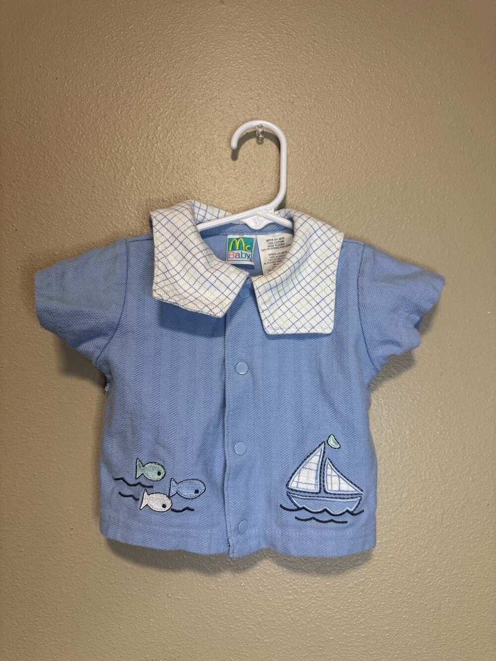 Mc Baby Boys 0-3 Months Blue Sailboat & Fish Short Sleeve Button Shirt